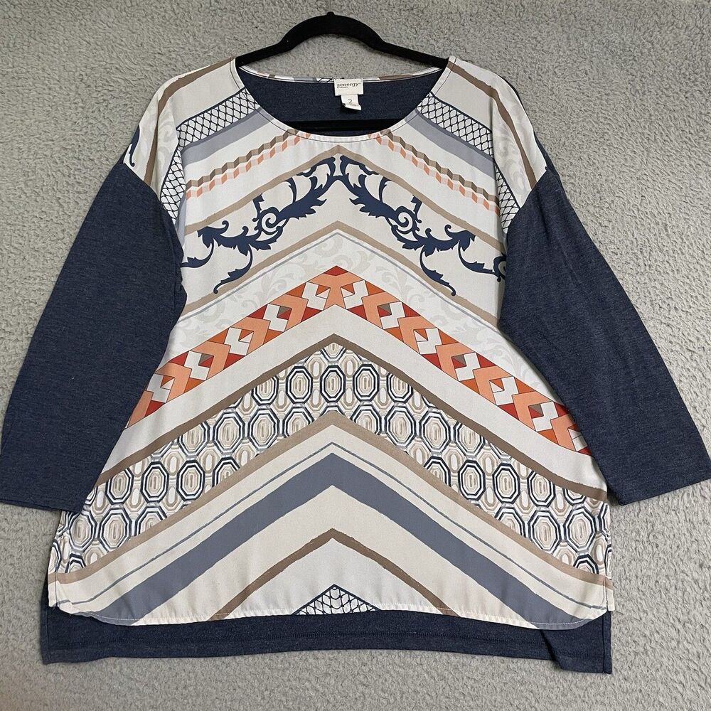 Zenergy by Chico's Mixed Media Blouse 3/4 Sleeve Womens Large (2) Multicolor